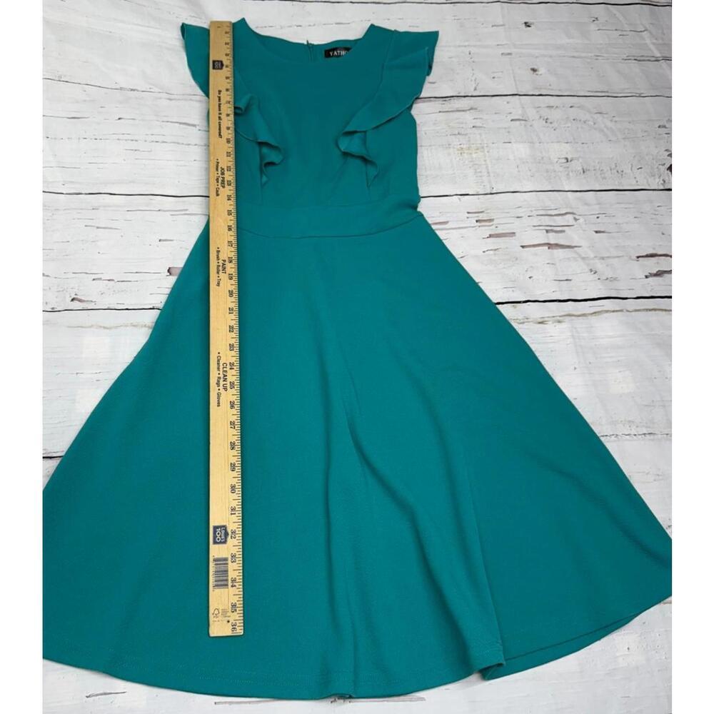 Yathon Ruffle Fit Flare Dress Stretch Crepe Teal Small Elegant Chic - Picture 4 of 9